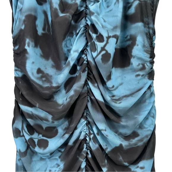 GANNI Printed Ruched Mesh Blue & Black Lined Fitted Long Sleeve Maxi Dress sz 36 - Picture 7 of 13